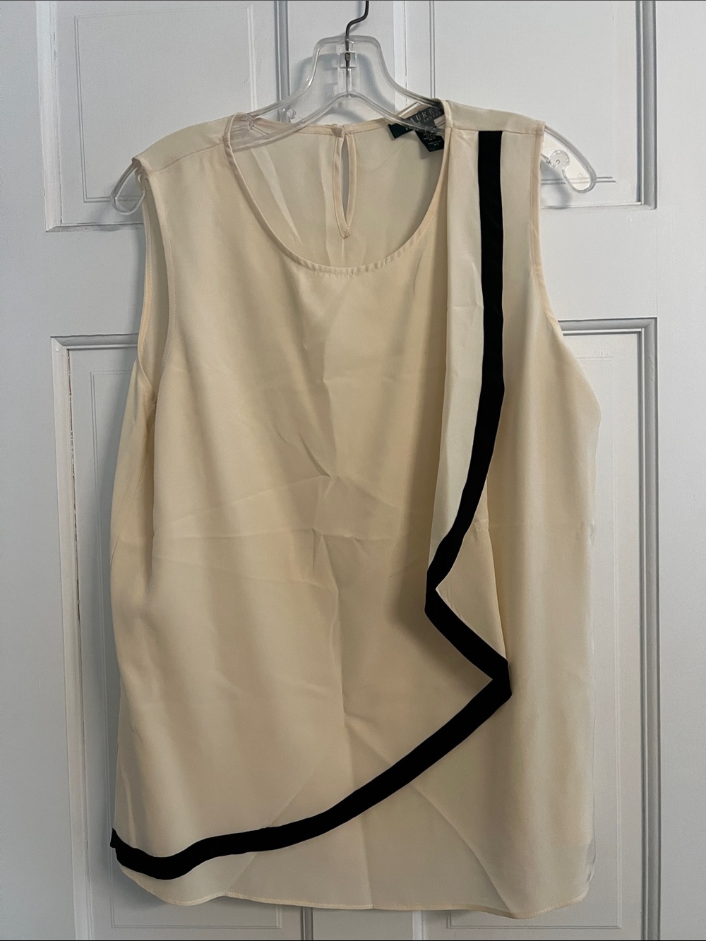 Ralph Lauren Cream Sleeveless Asymmetrical Top with Black Trim light top to wear